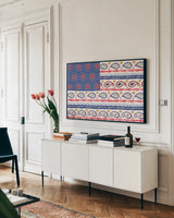 Festive Summer VIII by Dina June. shown as a framed stretched canvas in a living room above a console. Available as a archival giclee rolled canvas, fine art paper, or poster print. SKU 93172i.