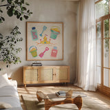 Fine in the Sunshine III by Dina June. Shown in a natural wood frame in a cozy modern living room. Available as an archival giclee rolled canvas, fine art paper, or poster print. SKU 99581a.