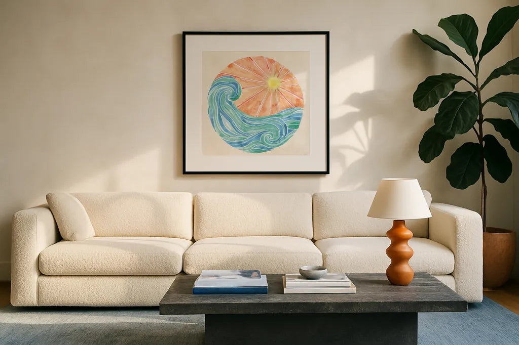 Fine in the Sunshine VII by Dina June. Displayed in a glass frame with matte in a clean modern living room. Available as an archival giclee rolled canvas, fine art paper, or poster print. SKU 99585a.