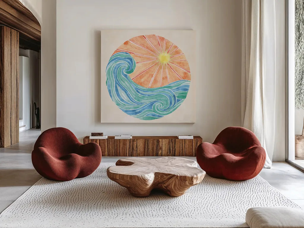 Fine in the Sunshine VII by Dina June. Shown as extra-large giant wall art in a modern living room. Available as an archival giclee rolled canvas, fine art paper, or poster print. SKU 99585a.