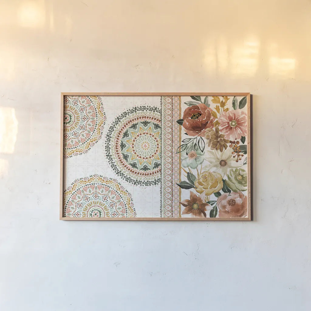 Floral Chic I by Dina June. shown as a paper print in a natural frame. Available as a archival giclee rolled canvas, fine art paper, or poster print. SKU 83803i.