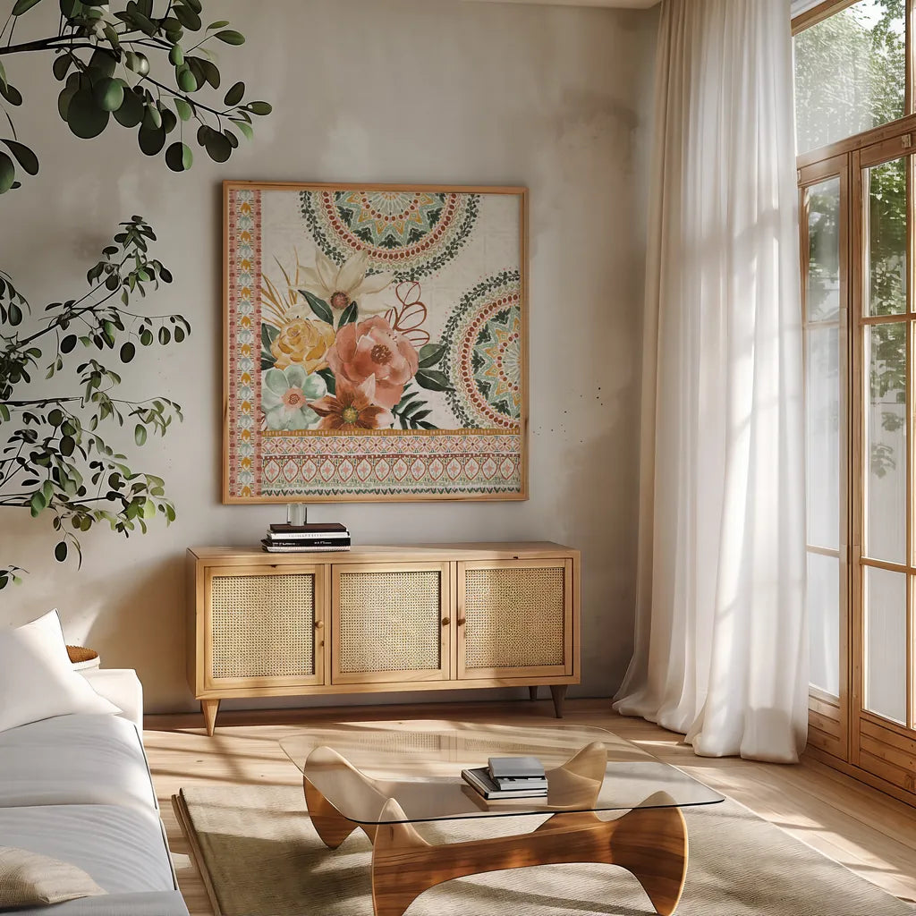 Floral Chic II by Dina June. Shown in a natural wood frame in a cozy modern living room. Available as an archival giclee rolled canvas, fine art paper, or poster print. SKU 83804a.