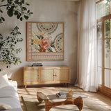 Floral Chic II by Dina June. Shown in a natural wood frame in a cozy modern living room. Available as an archival giclee rolled canvas, fine art paper, or poster print. SKU 83804a.