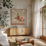 Floral Chic III by Dina June. Shown in a natural wood frame in a cozy modern living room. Available as an archival giclee rolled canvas, fine art paper, or poster print. SKU 83805a.