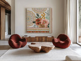 Floral Chic III by Dina June. Shown as extra-large giant wall art in a modern living room. Available as an archival giclee rolled canvas, fine art paper, or poster print. SKU 83805a.