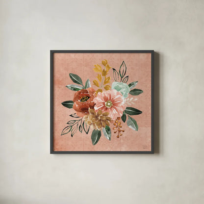 Floral Chic IV by Dina June. Shown in a sleek black glass frame for a contemporary gallery look. Available as an archival giclee rolled canvas, fine art paper, or poster print. SKU 83806a.