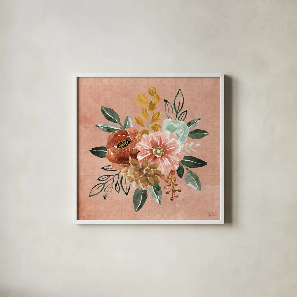 Floral Chic IV by Dina June. Shown in a crisp white glass frame for a clean and minimalist style. Available as an archival giclee rolled canvas, fine art paper, or poster print. SKU 83806a.