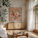 Floral Chic IV by Dina June. Shown in a natural wood frame in a cozy modern living room. Available as an archival giclee rolled canvas, fine art paper, or poster print. SKU 83806a.
