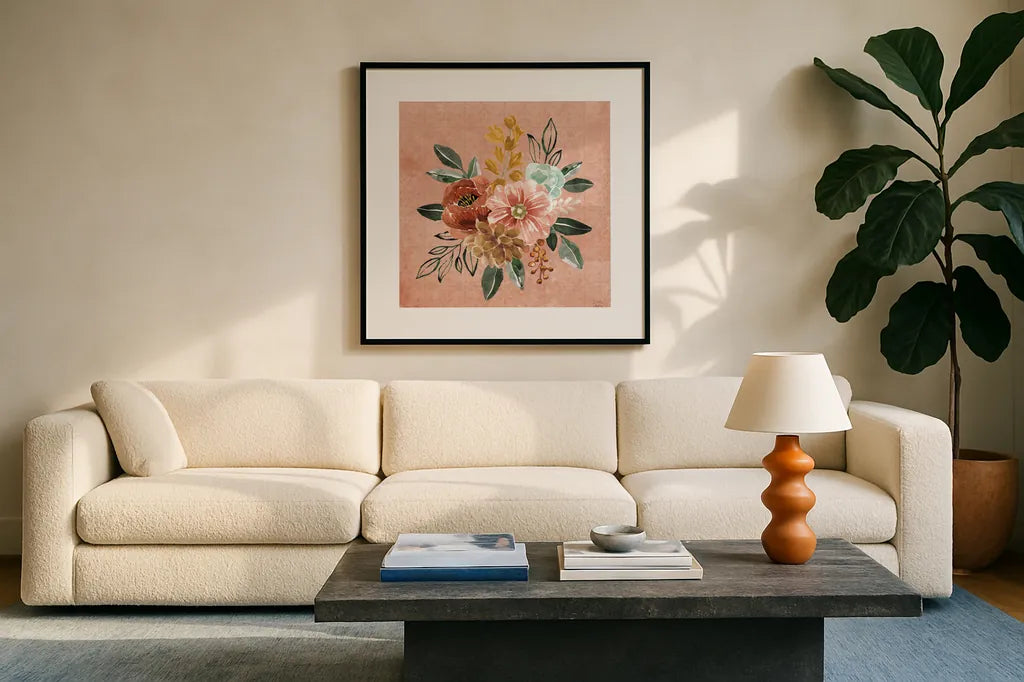 Floral Chic IV by Dina June. Displayed in a glass frame with matte in a clean modern living room. Available as an archival giclee rolled canvas, fine art paper, or poster print. SKU 83806a.