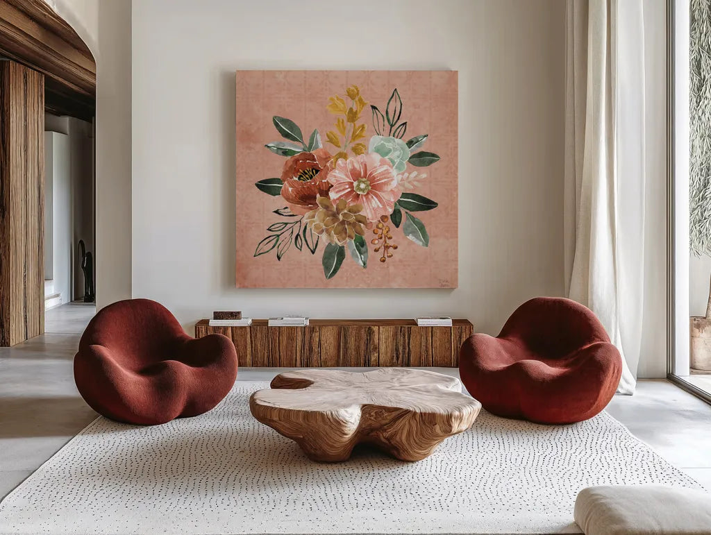 Floral Chic IV by Dina June. Shown as extra-large giant wall art in a modern living room. Available as an archival giclee rolled canvas, fine art paper, or poster print. SKU 83806a.