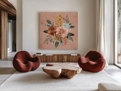 Floral Chic IV by Dina June. Shown as extra-large giant wall art in a modern living room. Available as an archival giclee rolled canvas, fine art paper, or poster print. SKU 83806a.