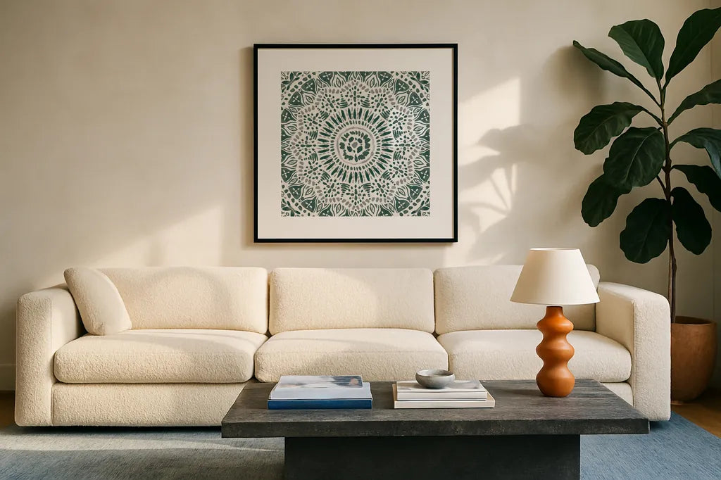 Floral Chic IX Green by Dina June. Displayed in a glass frame with matte in a clean modern living room. Available as an archival giclee rolled canvas, fine art paper, or poster print. SKU 84973a.
