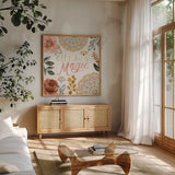 Floral Chic VI by Dina June. Shown in a natural wood frame in a cozy modern living room. Available as an archival giclee rolled canvas, fine art paper, or poster print. SKU 83808a.