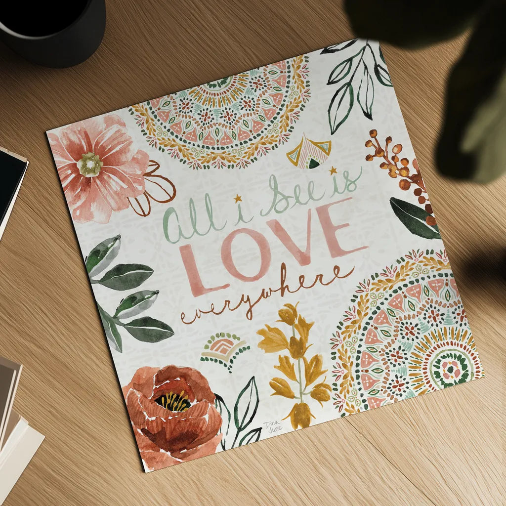 Floral Chic VI Love by Dina June. Shown as a detailed flat fine art print, highlighting archival giclee quality. Available as an archival giclee rolled canvas, fine art paper, or poster print. SKU 87370a.