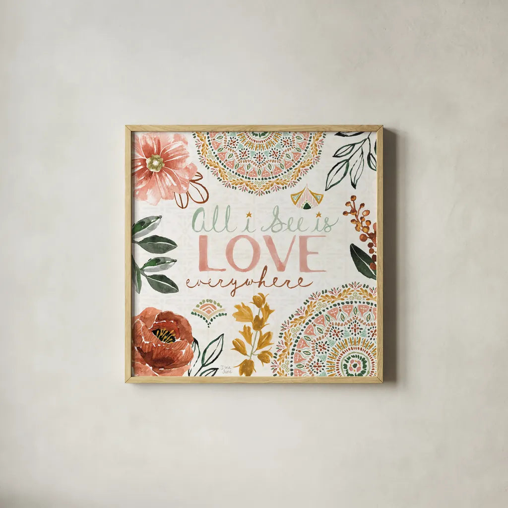 Floral Chic VI Love by Dina June. Shown in a natural wood glass frame for a timeless modern aesthetic. Available as an archival giclee rolled canvas, fine art paper, or poster print. SKU 87370a.