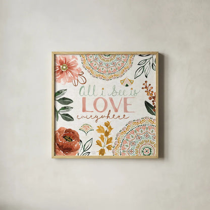 Floral Chic VI Love by Dina June. Shown in a natural wood glass frame for a timeless modern aesthetic. Available as an archival giclee rolled canvas, fine art paper, or poster print. SKU 87370a.