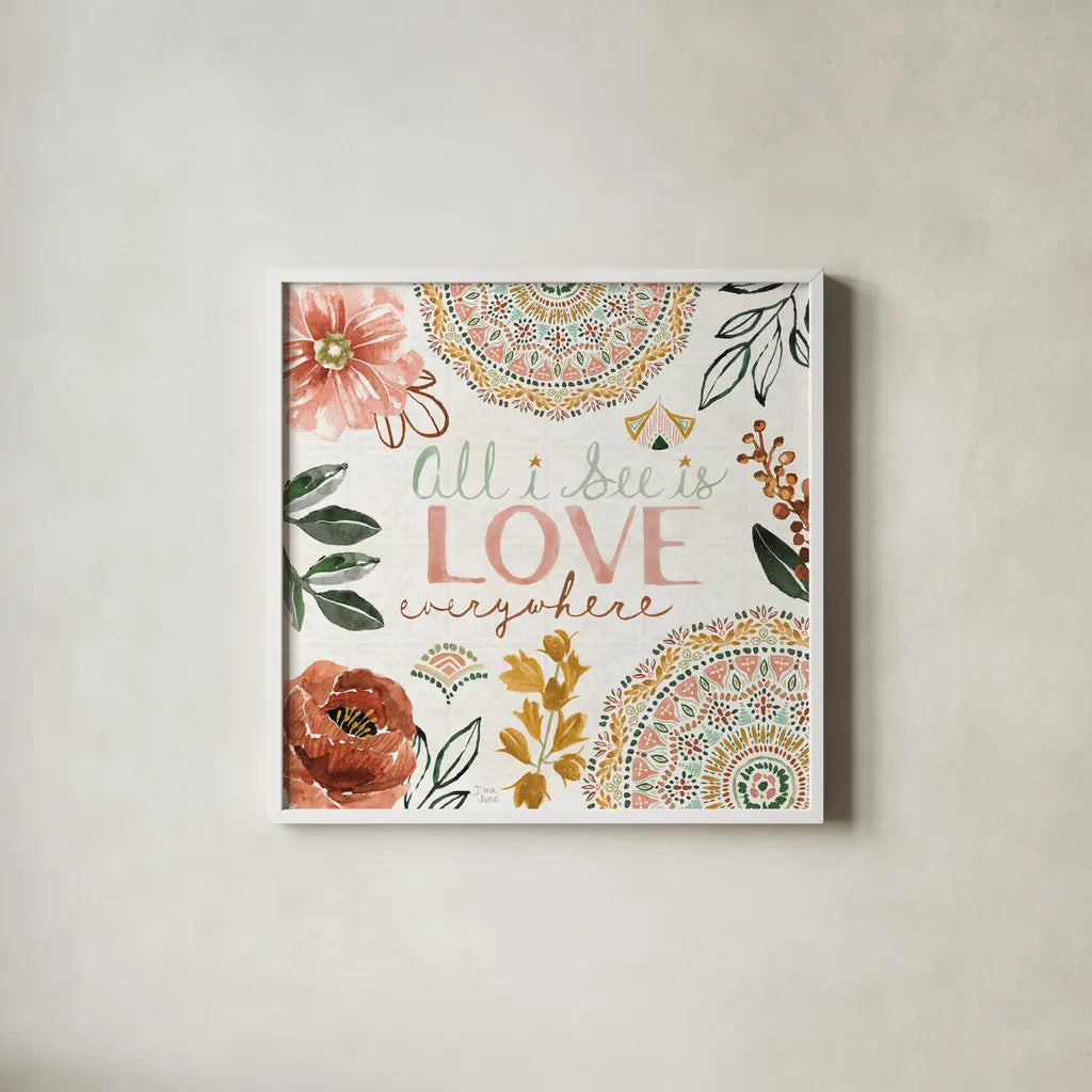 Floral Chic VI Love by Dina June. Shown in a crisp white glass frame for a clean and minimalist style. Available as an archival giclee rolled canvas, fine art paper, or poster print. SKU 87370a.