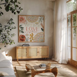 Floral Chic VI Love by Dina June. Shown in a natural wood frame in a cozy modern living room. Available as an archival giclee rolled canvas, fine art paper, or poster print. SKU 87370a.