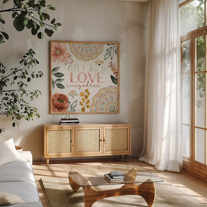 Floral Chic VI Love by Dina June. Shown in a natural wood frame in a cozy modern living room. Available as an archival giclee rolled canvas, fine art paper, or poster print. SKU 87370a.