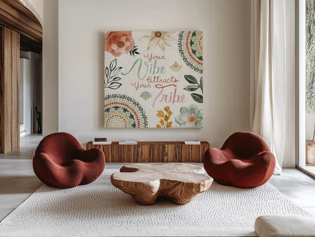 Floral Chic VII by Dina June. Shown as extra-large giant wall art in a modern living room. Available as an archival giclee rolled canvas, fine art paper, or poster print. SKU 83809a.