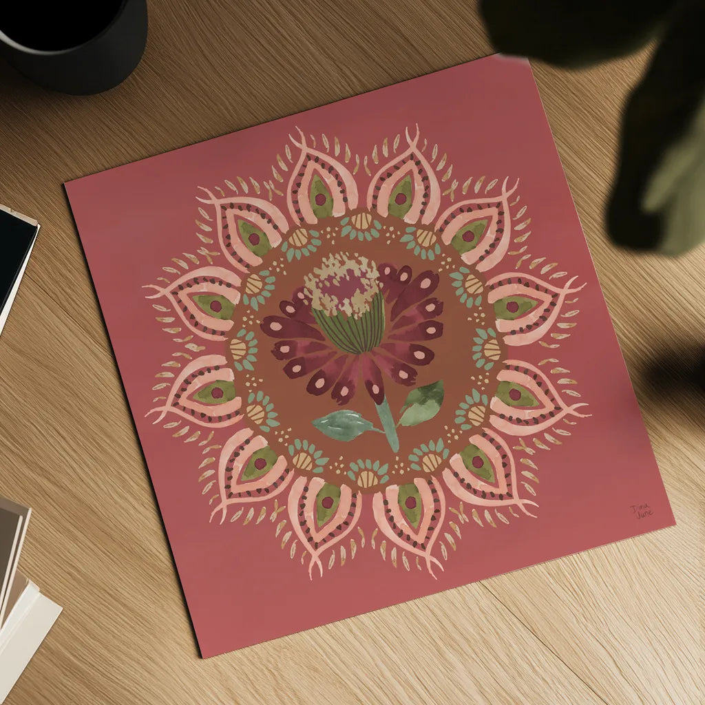 Floral Mandala I by Dina June. Shown as a detailed flat fine art print, highlighting archival giclee quality. Available as an archival giclee rolled canvas, fine art paper, or poster print. SKU 87814a.
