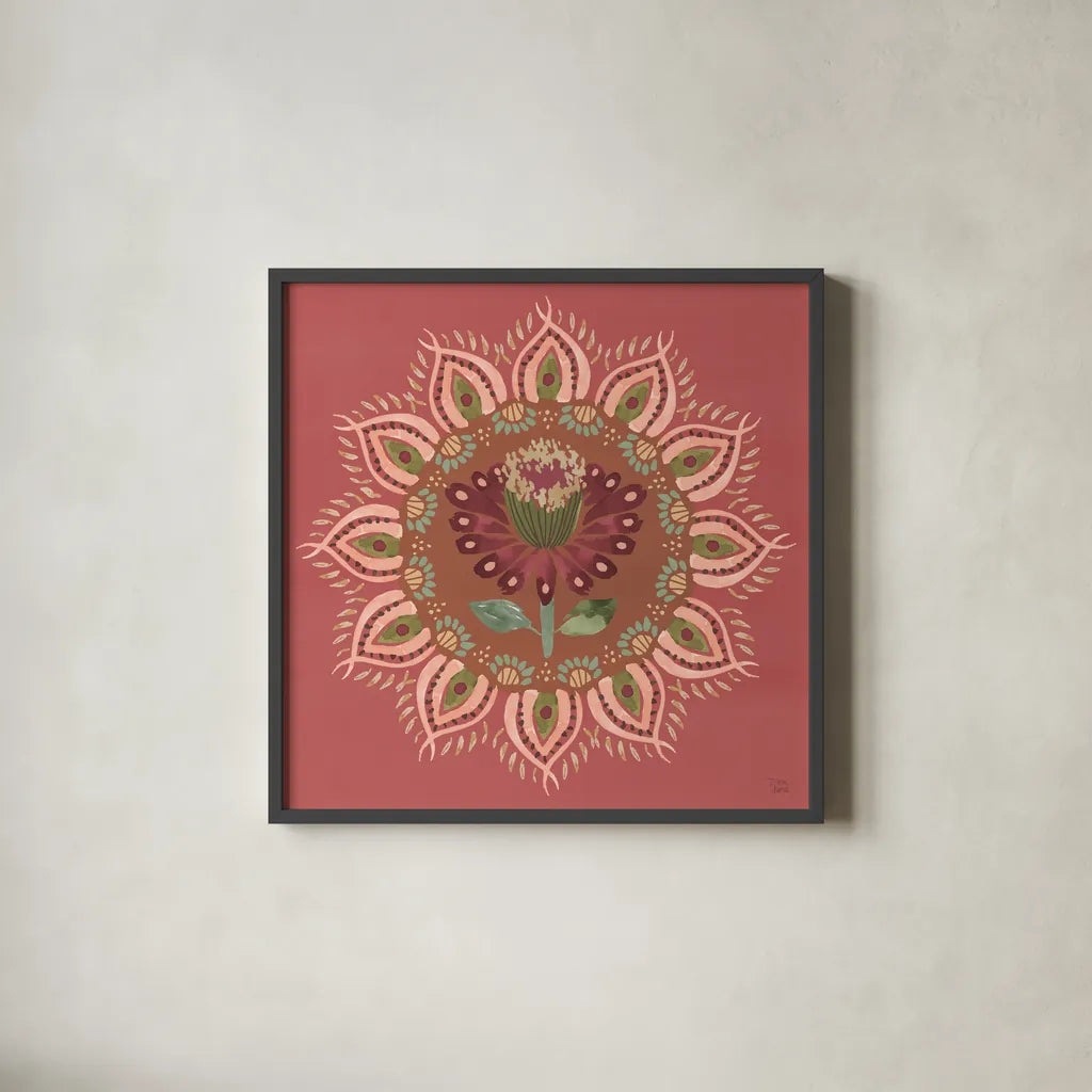 Floral Mandala I by Dina June. Shown in a sleek black glass frame for a contemporary gallery look. Available as an archival giclee rolled canvas, fine art paper, or poster print. SKU 87814a.