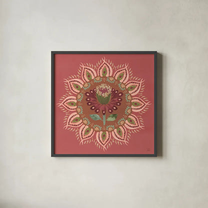 Floral Mandala I by Dina June. Shown in a sleek black glass frame for a contemporary gallery look. Available as an archival giclee rolled canvas, fine art paper, or poster print. SKU 87814a.