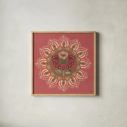 Floral Mandala I by Dina June. Shown in a natural wood glass frame for a timeless modern aesthetic. Available as an archival giclee rolled canvas, fine art paper, or poster print. SKU 87814a.