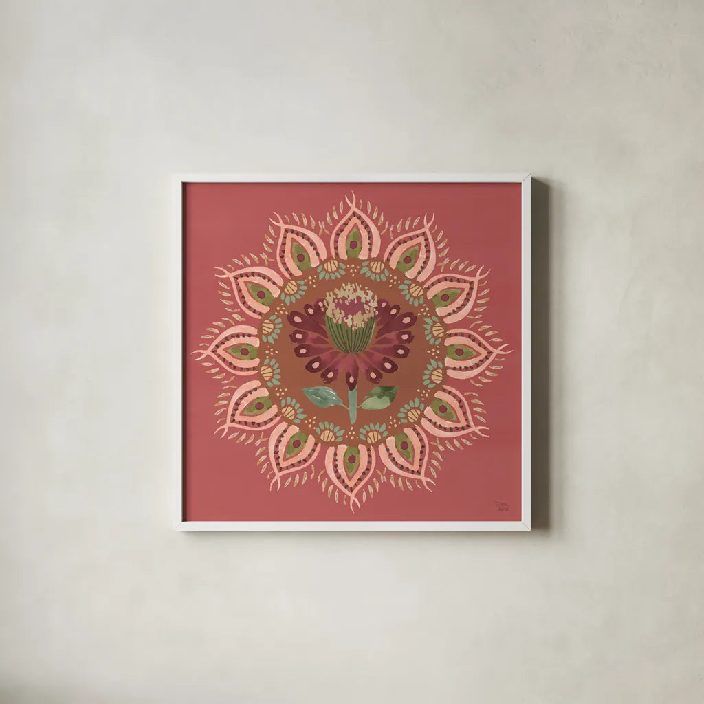 Floral Mandala I by Dina June. Shown in a crisp white glass frame for a clean and minimalist style. Available as an archival giclee rolled canvas, fine art paper, or poster print. SKU 87814a.