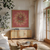 Floral Mandala I by Dina June. Shown in a natural wood frame in a cozy modern living room. Available as an archival giclee rolled canvas, fine art paper, or poster print. SKU 87814a.
