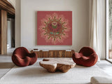 Floral Mandala I by Dina June. Shown as extra-large giant wall art in a modern living room. Available as an archival giclee rolled canvas, fine art paper, or poster print. SKU 87814a.