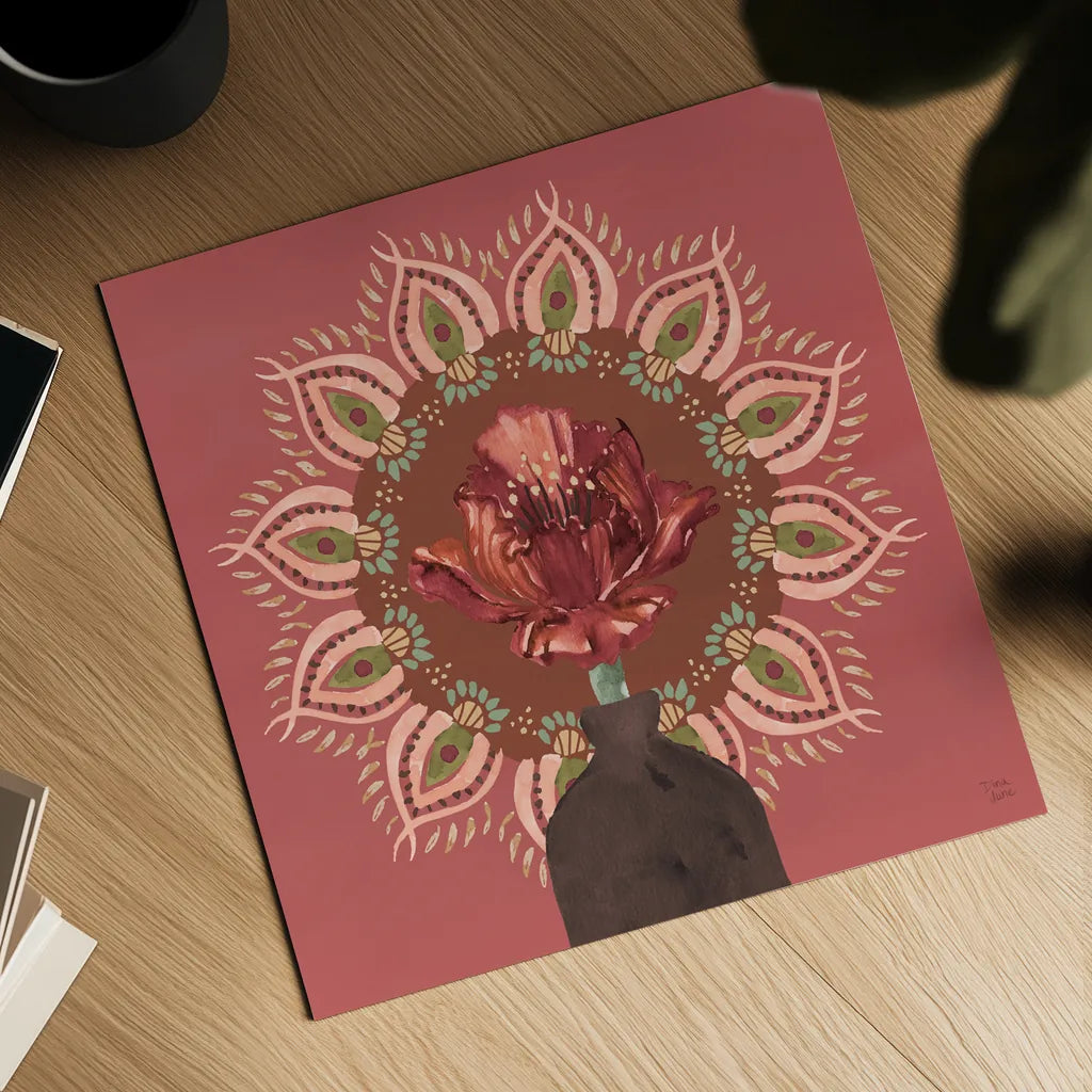 Floral Mandala II by Dina June. Shown as a detailed flat fine art print, highlighting archival giclee quality. Available as an archival giclee rolled canvas, fine art paper, or poster print. SKU 87815a.