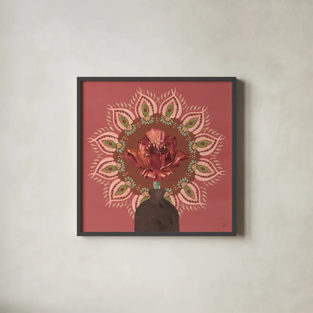 Floral Mandala II by Dina June. Shown in a sleek black glass frame for a contemporary gallery look. Available as an archival giclee rolled canvas, fine art paper, or poster print. SKU 87815a.