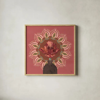 Floral Mandala II by Dina June. Shown in a natural wood glass frame for a timeless modern aesthetic. Available as an archival giclee rolled canvas, fine art paper, or poster print. SKU 87815a.