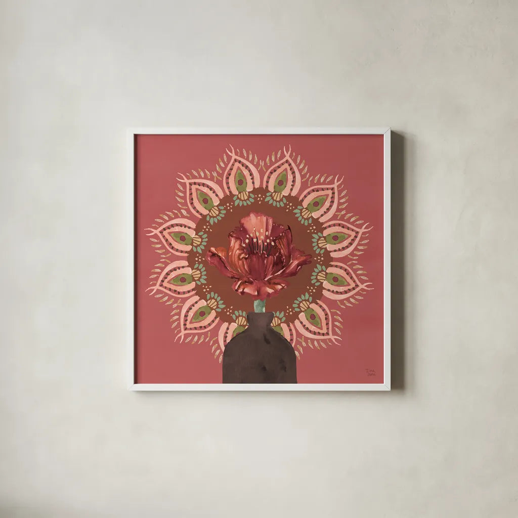 Floral Mandala II by Dina June. Shown in a crisp white glass frame for a clean and minimalist style. Available as an archival giclee rolled canvas, fine art paper, or poster print. SKU 87815a.