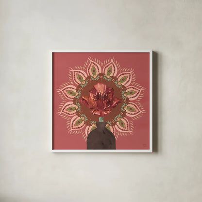 Floral Mandala II by Dina June. Shown in a crisp white glass frame for a clean and minimalist style. Available as an archival giclee rolled canvas, fine art paper, or poster print. SKU 87815a.