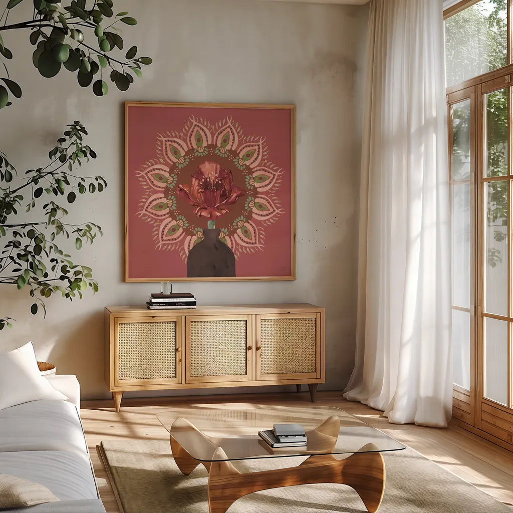 Floral Mandala II by Dina June. Shown in a natural wood frame in a cozy modern living room. Available as an archival giclee rolled canvas, fine art paper, or poster print. SKU 87815a.