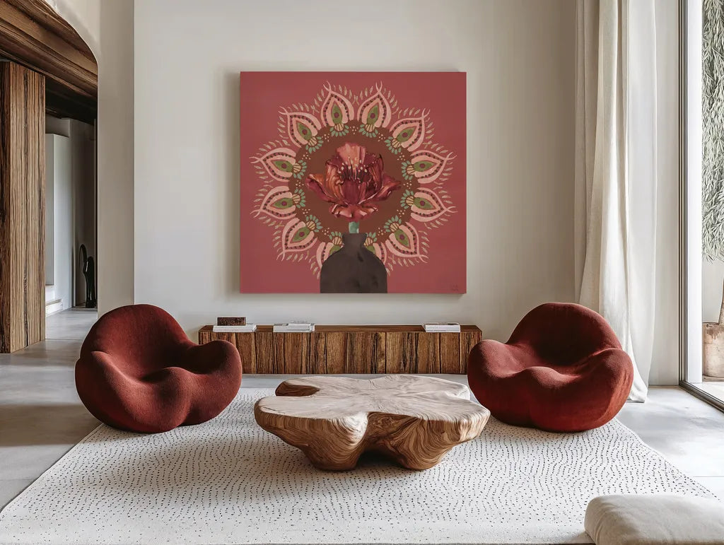Floral Mandala II by Dina June. Shown as extra-large giant wall art in a modern living room. Available as an archival giclee rolled canvas, fine art paper, or poster print. SKU 87815a.
