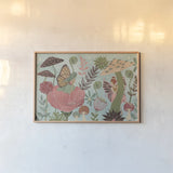 Floralscape Fairies I by Dina June. shown as a paper print in a natural frame. Available as a archival giclee rolled canvas, fine art paper, or poster print. SKU 88919i.