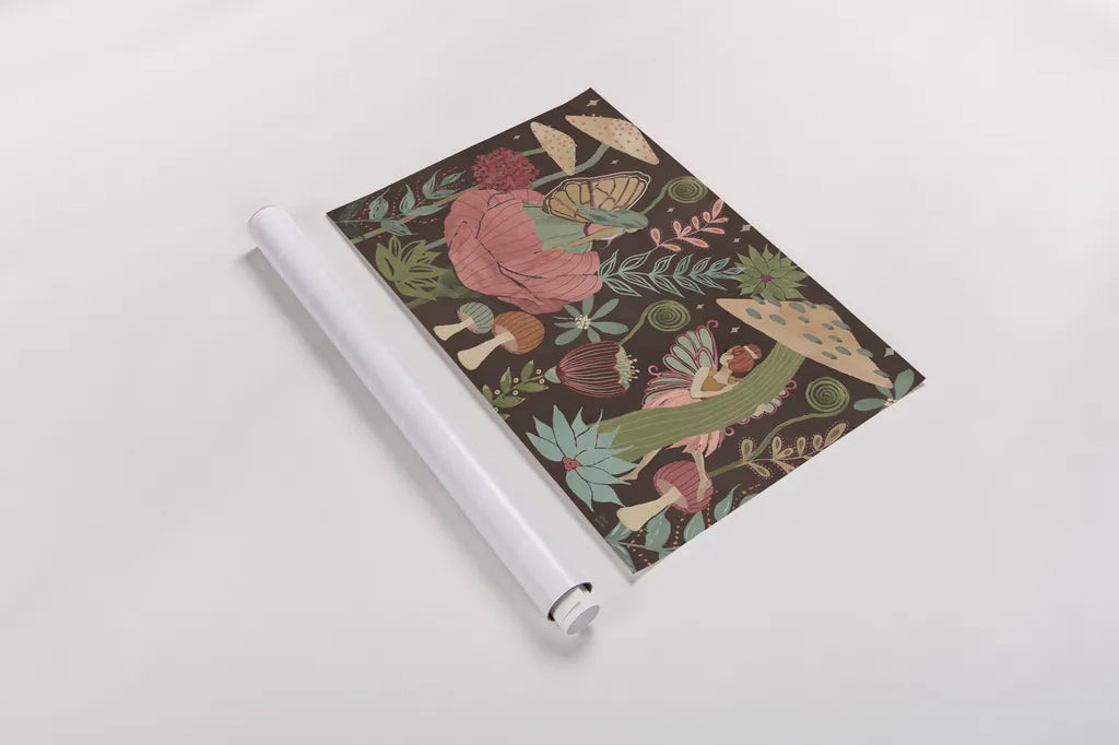 Floralscape Fairies I Dark by Dina June. shown as a rolled paper print. Available as archival giclee rolled canvas, fine art paper, or poster print. SKU 88925i.