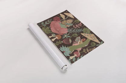 Floralscape Fairies I Dark by Dina June. shown as a rolled paper print. Available as archival giclee rolled canvas, fine art paper, or poster print. SKU 88925i.