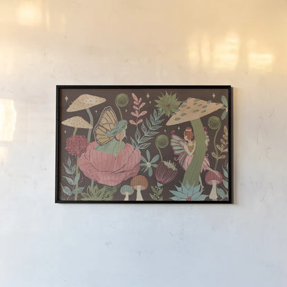 Floralscape Fairies I Dark by Dina June. shown as a paper print in a black flame. Available as a archival giclee rolled canvas, fine art paper, or poster print. SKU 88925i.