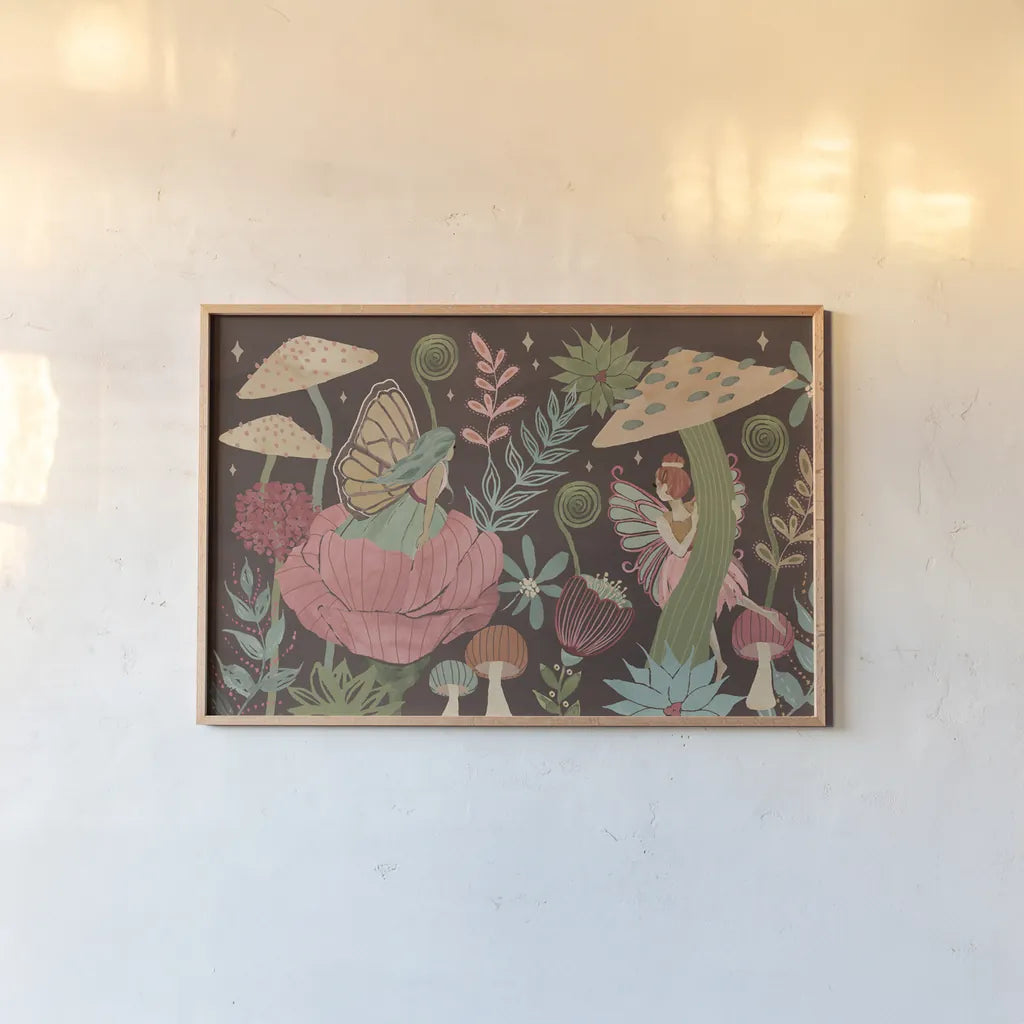 Floralscape Fairies I Dark by Dina June. shown as a paper print in a natural frame. Available as a archival giclee rolled canvas, fine art paper, or poster print. SKU 88925i.