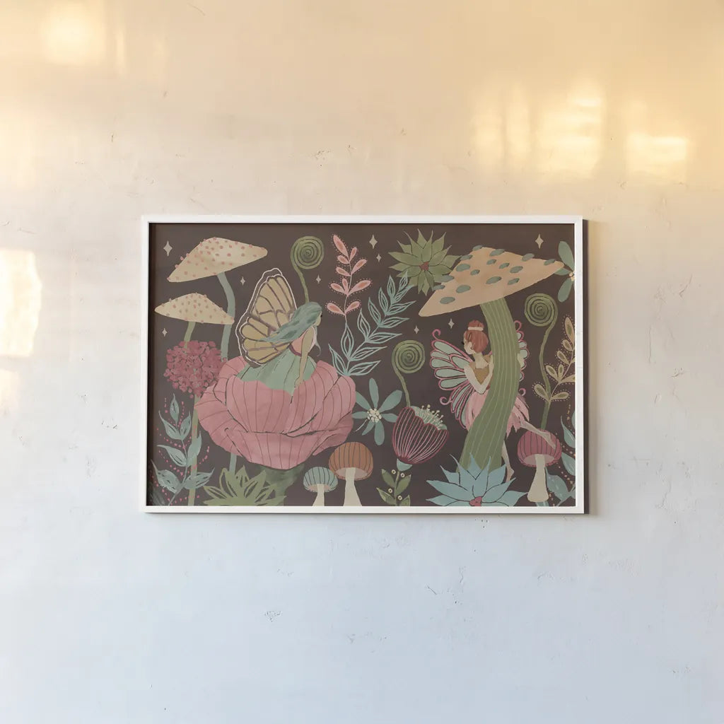 Floralscape Fairies I Dark by Dina June. shown as a paper print in a white frame. Available as a archival giclee rolled canvas, fine art paper, or poster print. SKU 88925i.