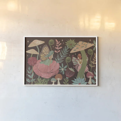Floralscape Fairies I Dark by Dina June. shown as a paper print in a white frame. Available as a archival giclee rolled canvas, fine art paper, or poster print. SKU 88925i.
