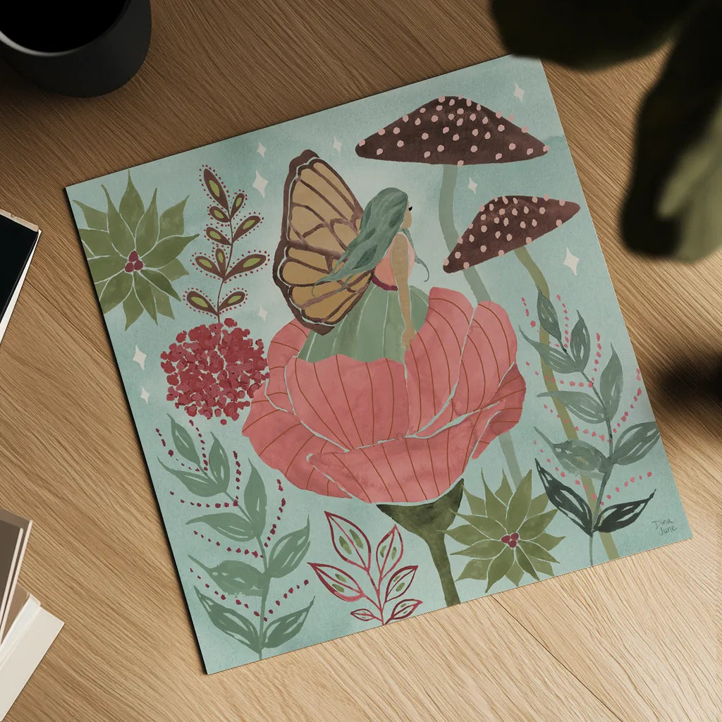 Floralscape Fairies II by Dina June. Shown as a detailed flat fine art print, highlighting archival giclee quality. Available as an archival giclee rolled canvas, fine art paper, or poster print. SKU 88920a.