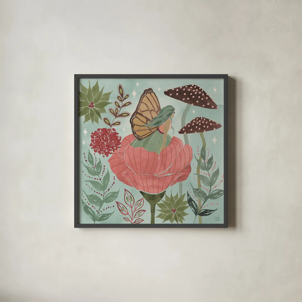 Floralscape Fairies II by Dina June. Shown in a sleek black glass frame for a contemporary gallery look. Available as an archival giclee rolled canvas, fine art paper, or poster print. SKU 88920a.