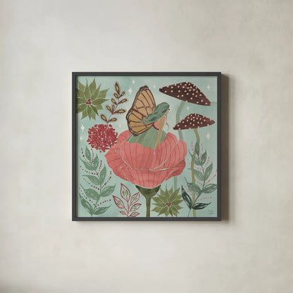 Floralscape Fairies II by Dina June. Shown in a sleek black glass frame for a contemporary gallery look. Available as an archival giclee rolled canvas, fine art paper, or poster print. SKU 88920a.