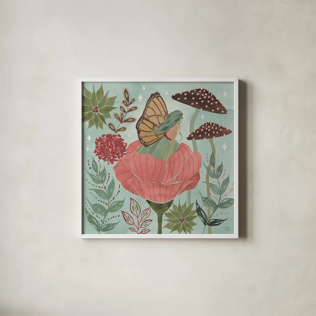 Floralscape Fairies II by Dina June. Shown in a crisp white glass frame for a clean and minimalist style. Available as an archival giclee rolled canvas, fine art paper, or poster print. SKU 88920a.