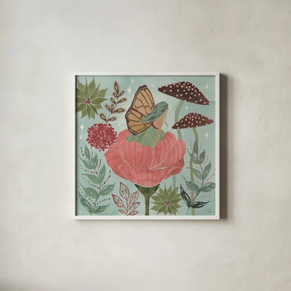 Floralscape Fairies II by Dina June. Shown in a crisp white glass frame for a clean and minimalist style. Available as an archival giclee rolled canvas, fine art paper, or poster print. SKU 88920a.